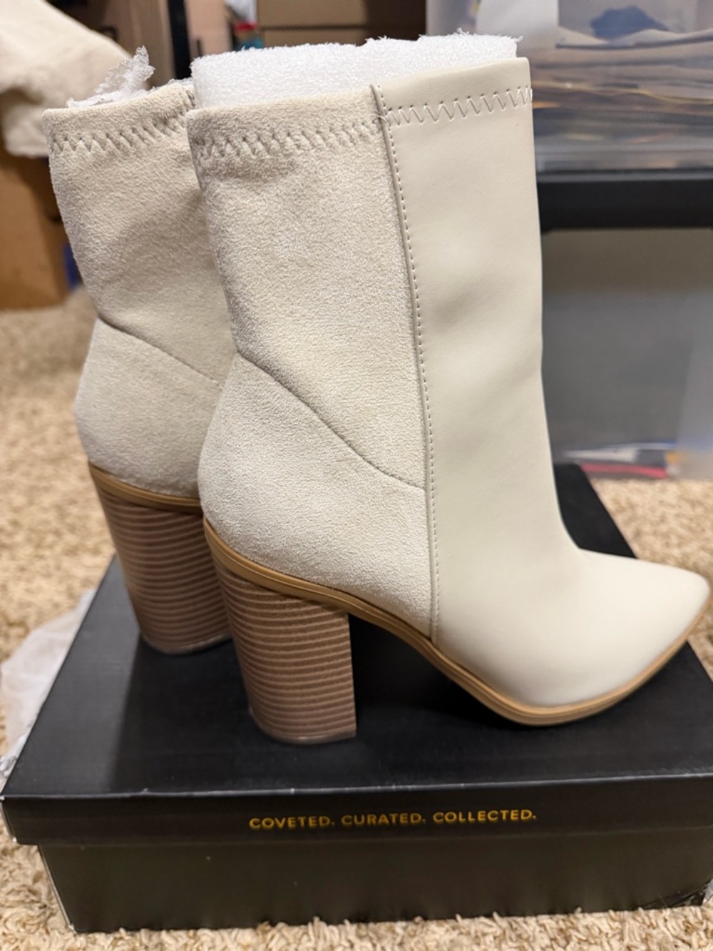 Lulu's Cream Two-Tone Block Heel Ankle Boots